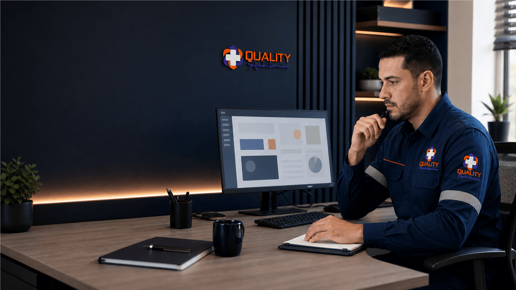 Profissional organizando conteúdo institucional da Quality